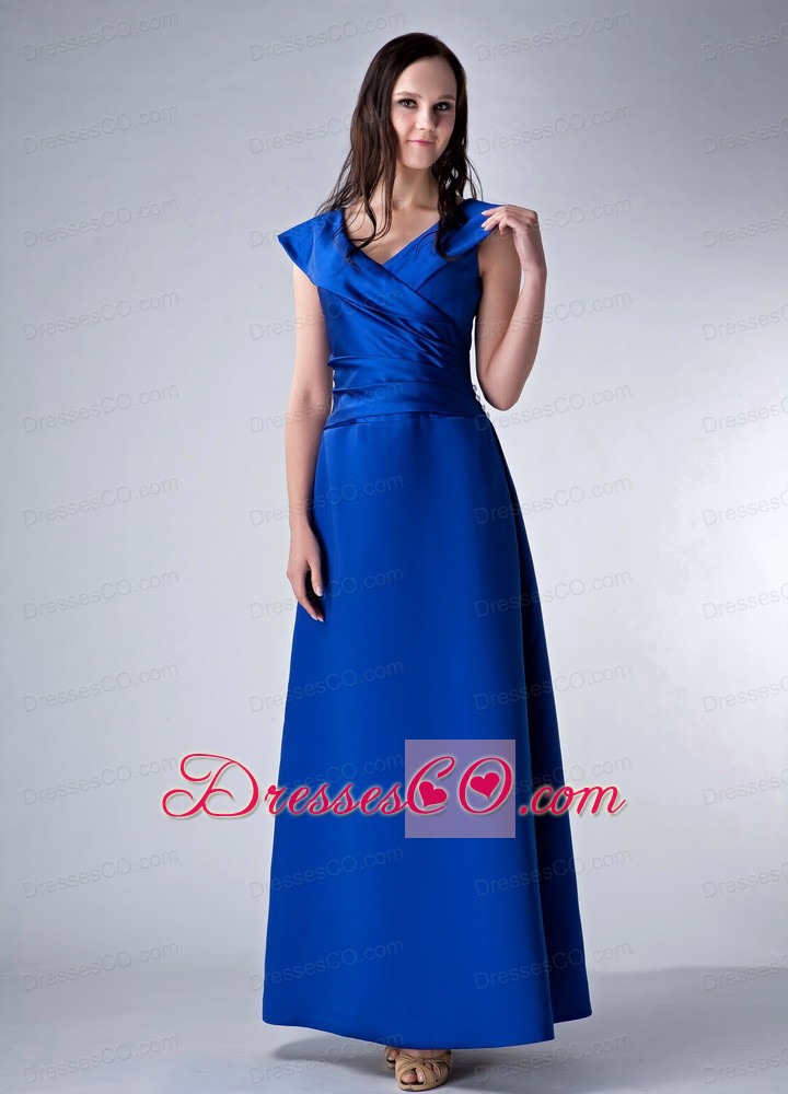 Royal Blue Column V-neck Ankle-length Satin Ruching Mother Dress