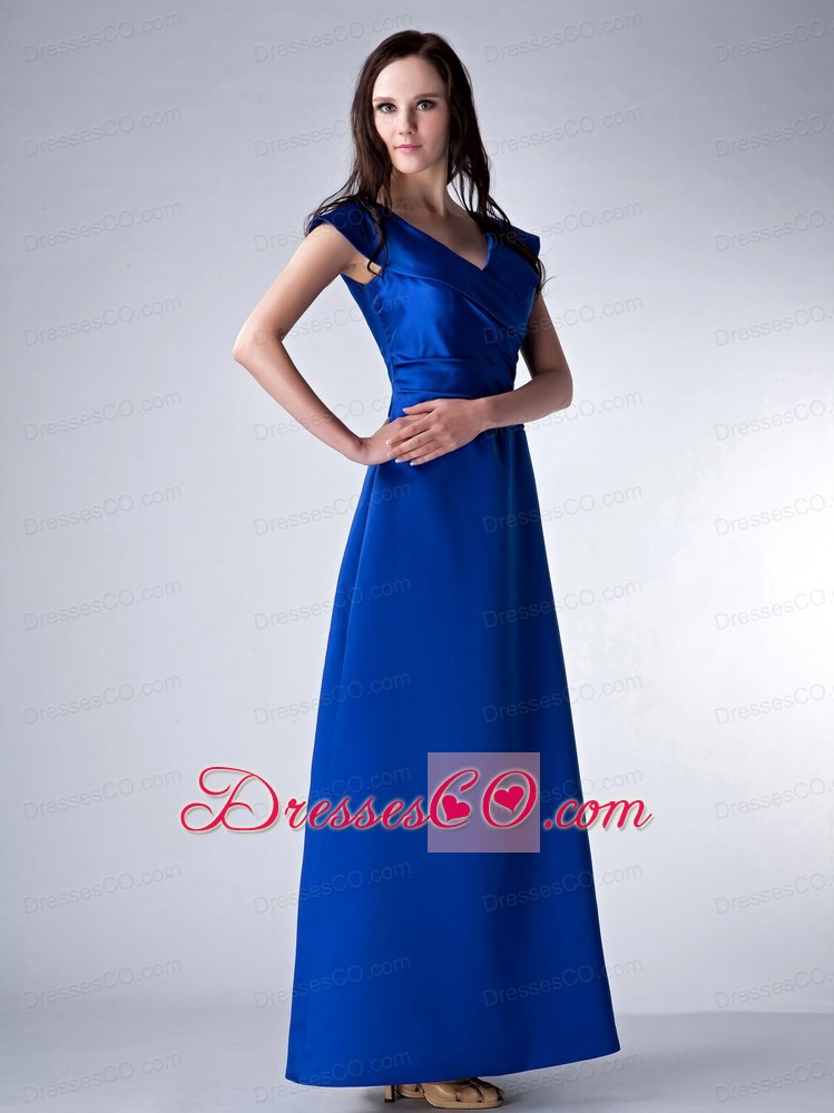 Royal Blue Column V-neck Ankle-length Satin Ruching Mother Dress