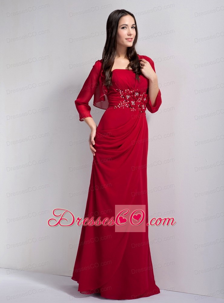 Red Column Strapless Long Chiffon Beading Mother Of The Bride Dress