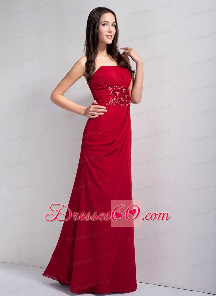 Red Column Strapless Long Chiffon Beading Mother Of The Bride Dress
