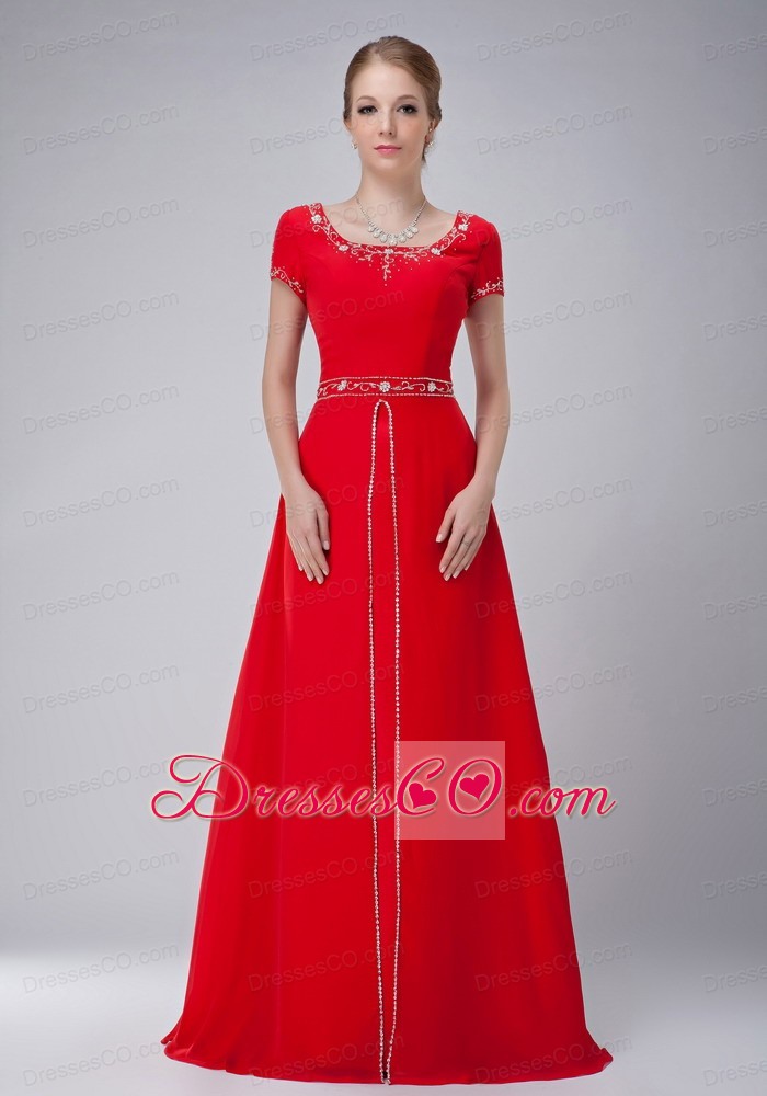 Red Empire Scoop Long Chiffon Beading Mother Of The Bride Dress