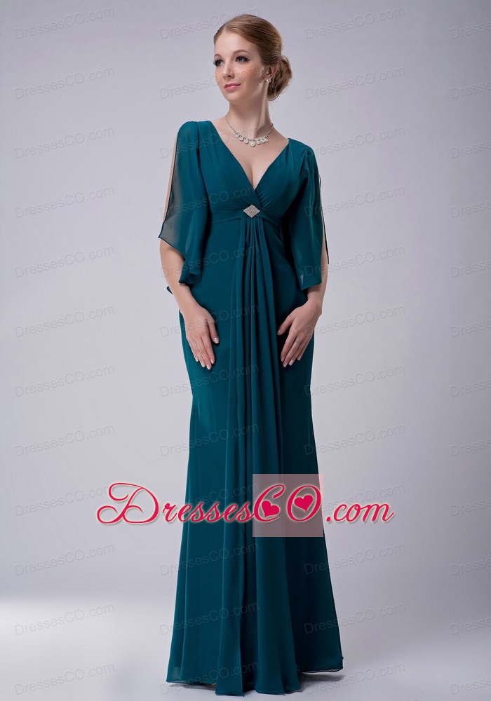 Turquoise Empire V-neck Long Chiffon Beading Mother Of The Bride Dress