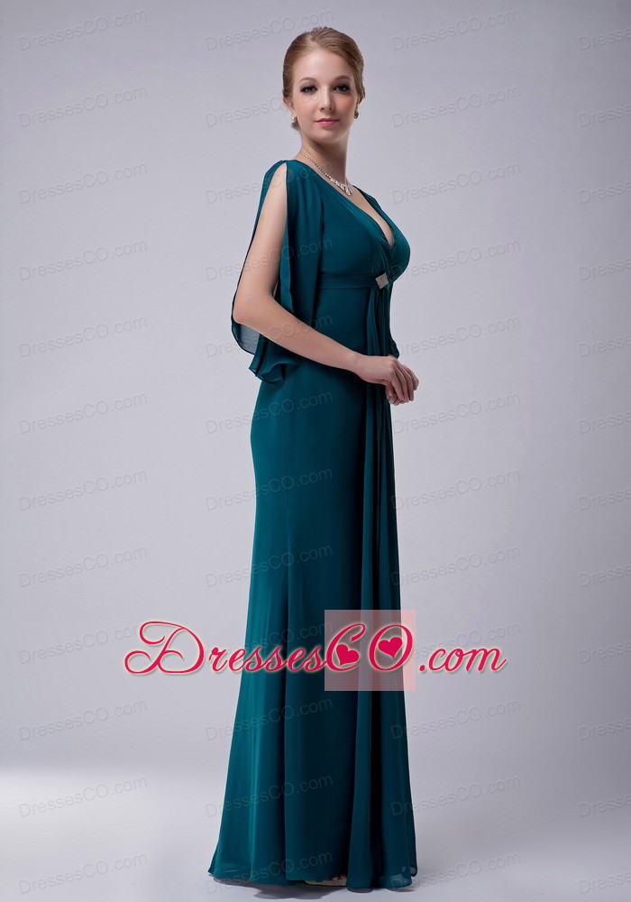 Turquoise Empire V-neck Long Chiffon Beading Mother Of The Bride Dress