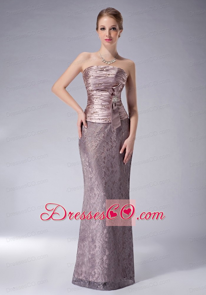 Brown Column Strapless Long Lace Ruched Mother Of The Bride Dress