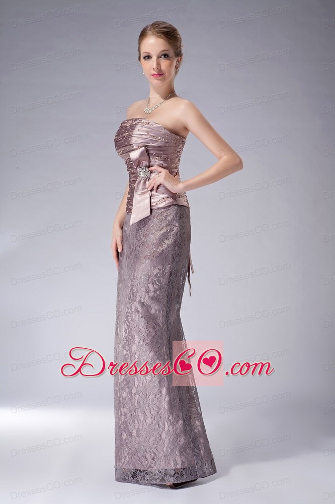 Brown Column Strapless Long Lace Ruched Mother Of The Bride Dress