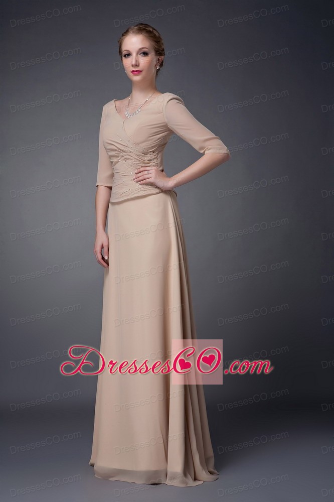 Champagne Empire V-neck Long Chiffon Beading Mother Of The Bride Dress