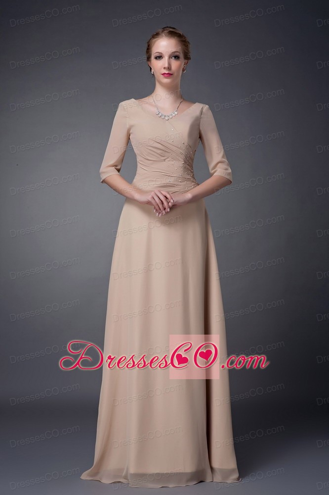 Champagne Empire V-neck Long Chiffon Beading Mother Of The Bride Dress