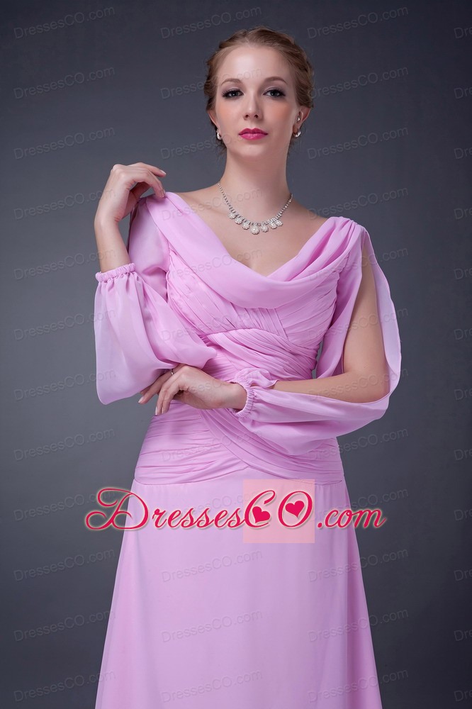 Pink Empire V-neck Long Chiffon Ruche Mother Of The Bride Dress