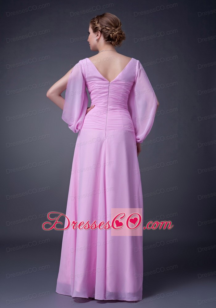 Pink Empire V-neck Long Chiffon Ruche Mother Of The Bride Dress