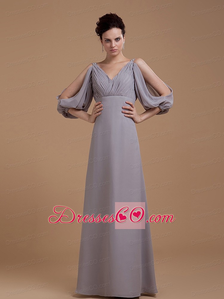 Grey Mother Of The Bride Dress With V-neck 3/4 Length Sleeves Long