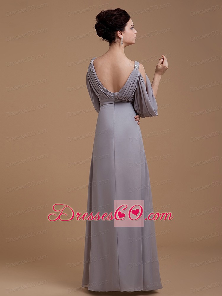 Grey Mother Of The Bride Dress With V-neck 3/4 Length Sleeves Long