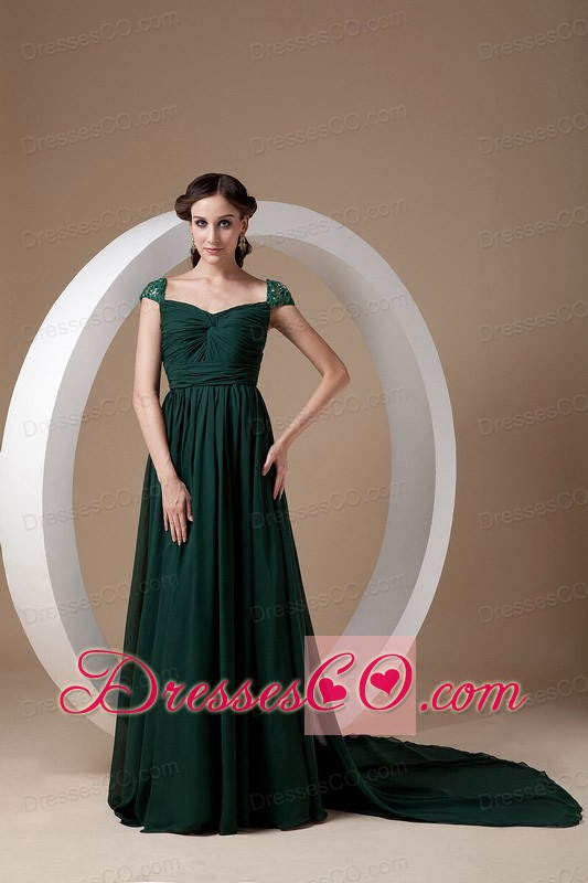 Dark Green Empire Square Watteau Train Chiffon Beading Prom / Evening Dress