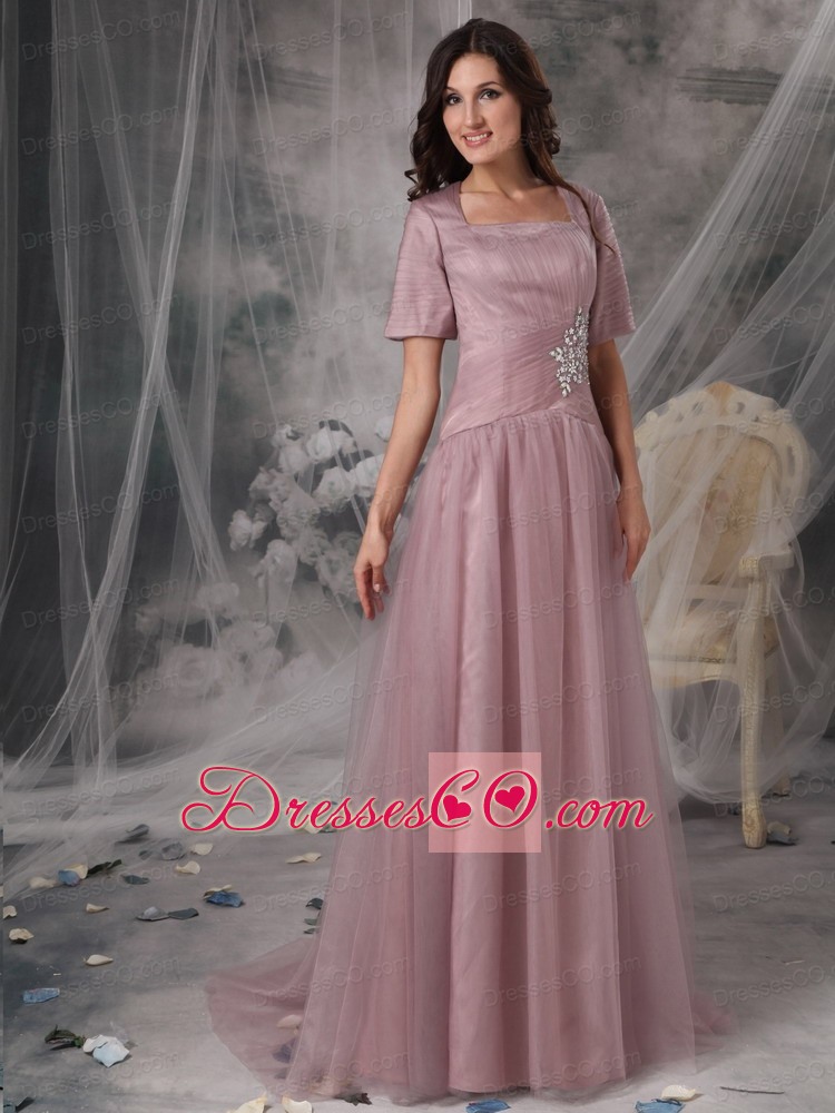 Simple Column / Sheath Square Brush / Sweep Tulle Beading Mother of the Bride Dress