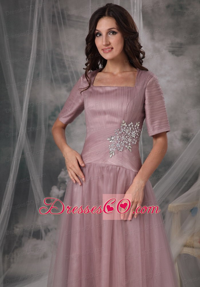 Simple Column / Sheath Square Brush / Sweep Tulle Beading Mother of the Bride Dress