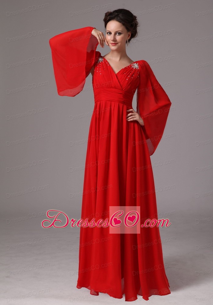 Red Long Sleeves V-neck Appliques Mother Of The Bride Dress For Custom Made