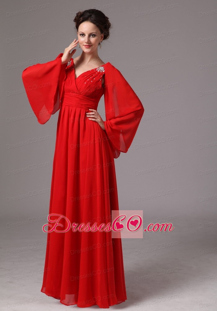 Red Long Sleeves V-neck Appliques Mother Of The Bride Dress For Custom Made