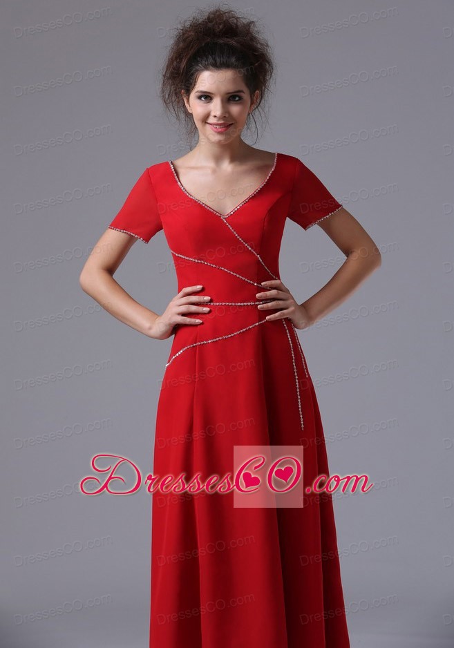 Chiffon V-neck Column Red Ankle-length Mother Of The Bride Dress Short Sleeves