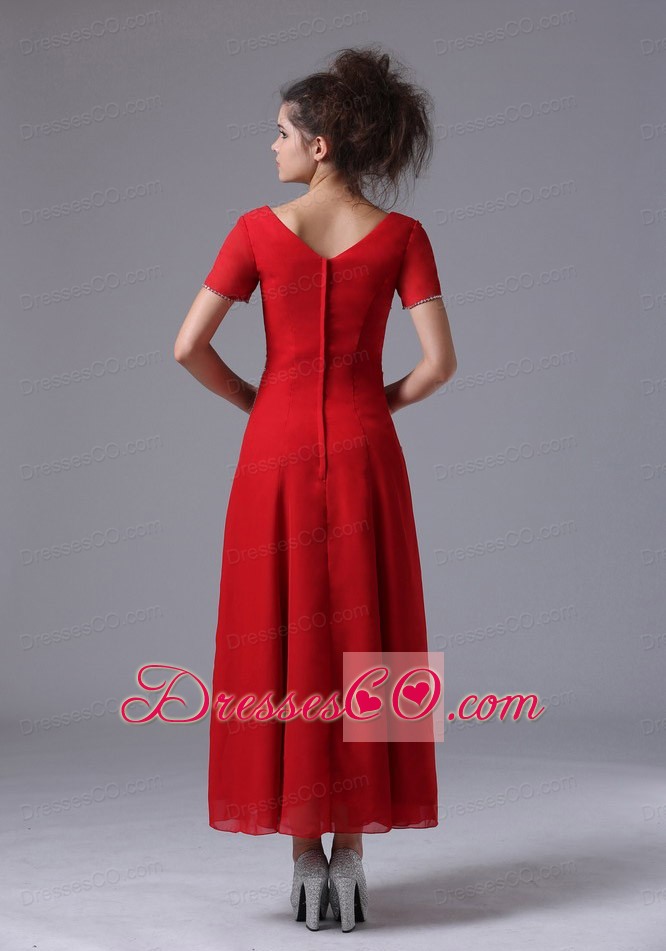 Chiffon V-neck Column Red Ankle-length Mother Of The Bride Dress Short Sleeves