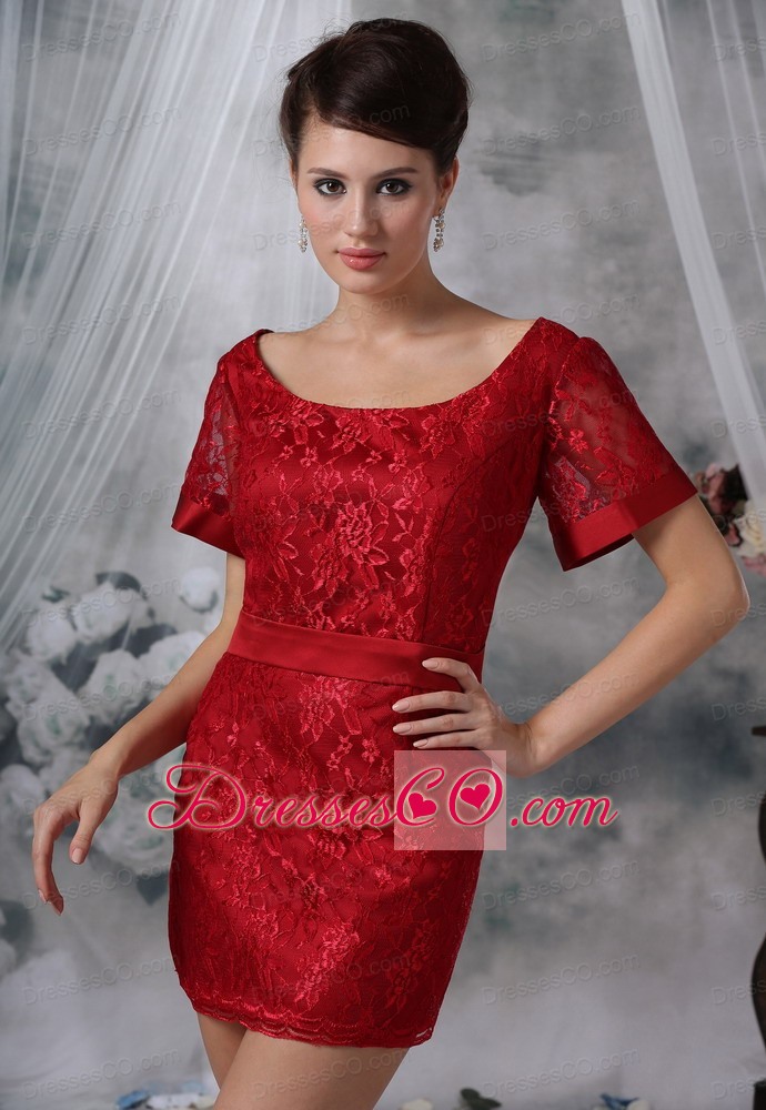 Wine Red Lace Decorate Bodice Scoop Neckline Mini-length Short Sleeves Sash Prom / Cocktail Dress