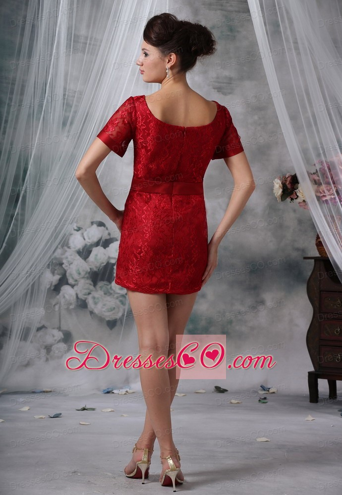 Wine Red Lace Decorate Bodice Scoop Neckline Mini-length Short Sleeves Sash Prom / Cocktail Dress