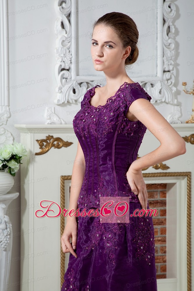Purple A-line Scoop Brush Train Satin Appliques and Beading Prom Dress