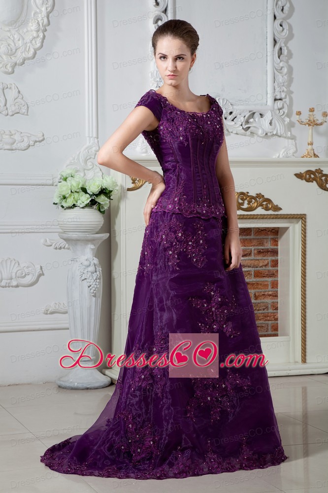 Purple A-line Scoop Brush Train Satin Appliques and Beading Prom Dress
