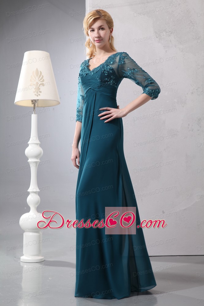 Turquoise Column V-neck Long Chiffon Lace Prom Dress