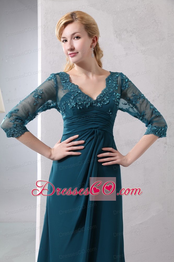 Turquoise Column V-neck Long Chiffon Lace Prom Dress