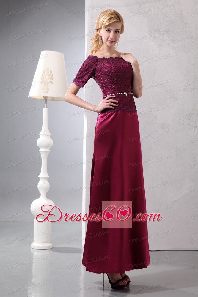 Burgundy Column Off The Shoulder Ankle-length Taffeta And Lace Beading Prom Dress