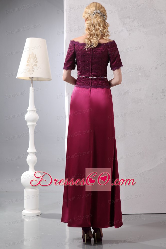 Burgundy Column Off The Shoulder Ankle-length Taffeta And Lace Beading Prom Dress