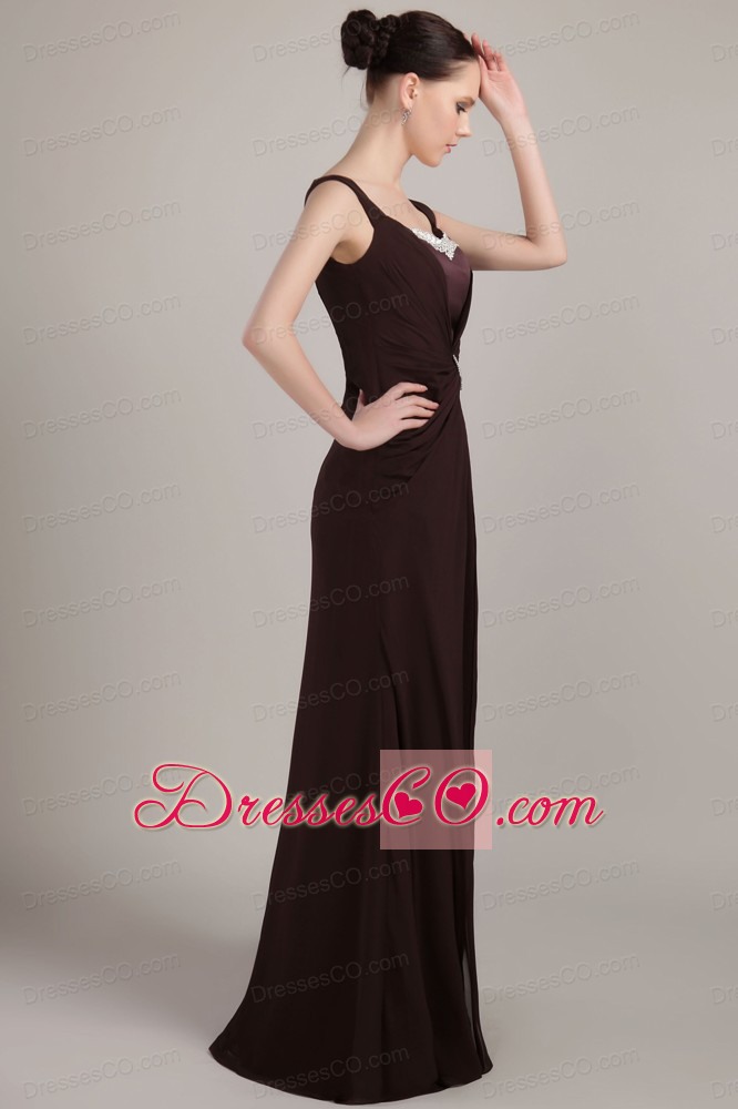 Brown Column / Sheath Square Brush Train Chiffon Ruched and Appliques Mother Of The Bride Dress