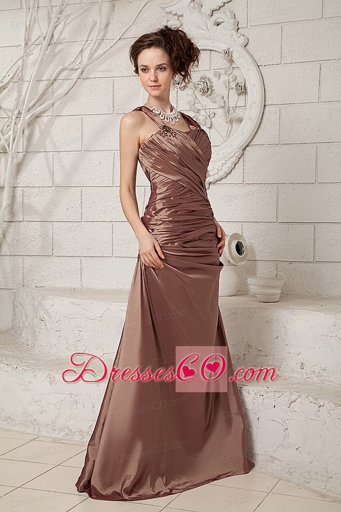 Brown Column Straps Brush Train Taffeta Ruched Mother Of The Bride Dress