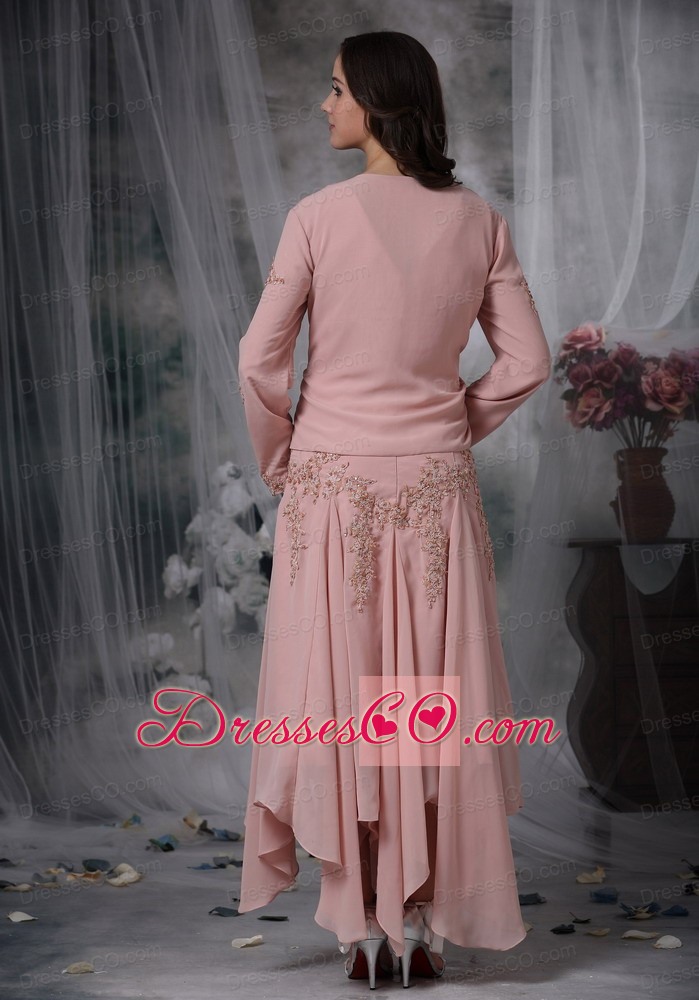 Pink Column V-neck Asymmetrical Appliques Chiffon Mother of the Bride Dress