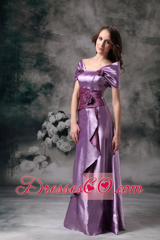 Lavender Empire Off The Shoulder Long Taffeta Hand Made Flowers Mother Of The Bride Dress