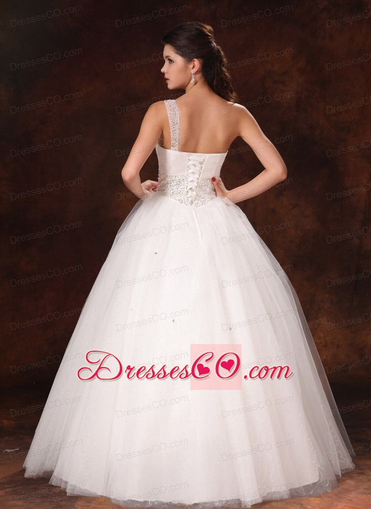 One Shoulder Tulle Bowknot Beaded Wedding Dress