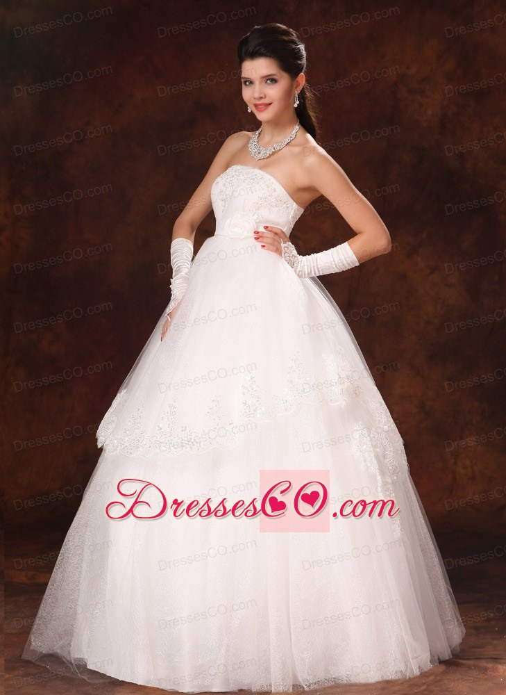 Designer Ball Gown Strapless Appliques And Hand Made Flower Church Wedding Dress For Custom Made
