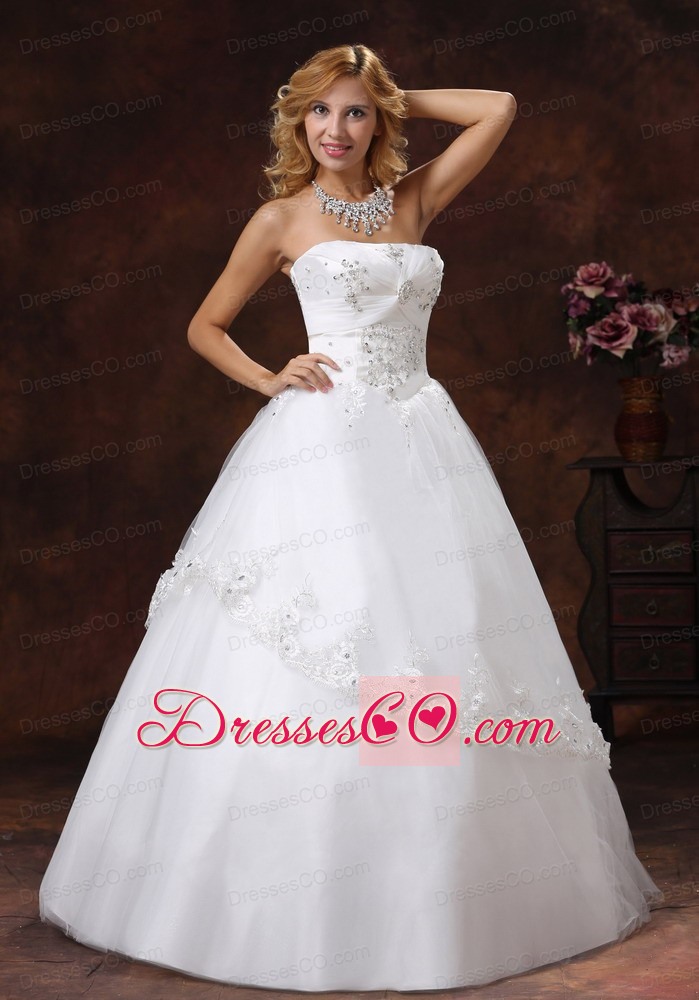 Embroidery And Beading Decorate Bodice Strapless Long Tulle And Taffeta A-line Wedding Dress