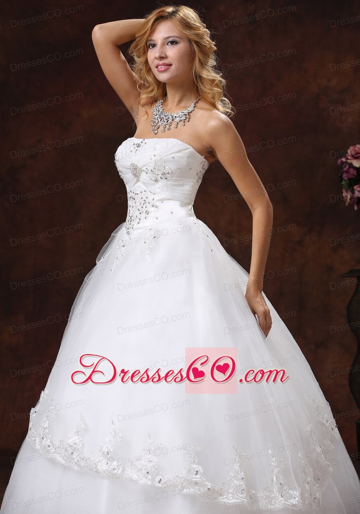 Embroidery And Beading Decorate Bodice Strapless Long Tulle And Taffeta A-line Wedding Dress