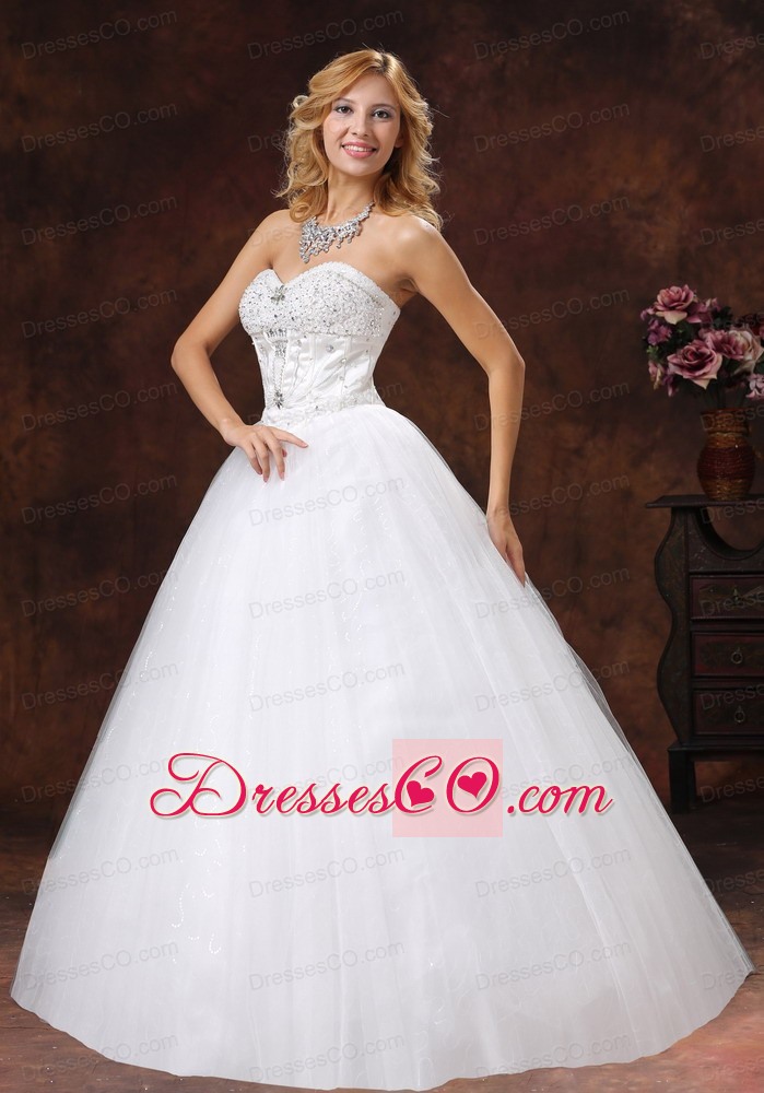 Beaded Decorate Neckline Tulle Long A-line Wedding Dress