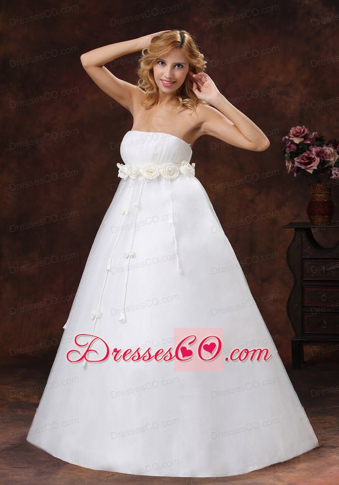 Hand Made Flowers Decorate Bust Long Strapless Tulle And Satin A-line Wedding Dress