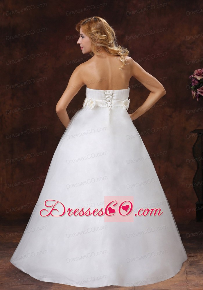 Hand Made Flowers Decorate Bust Long Strapless Tulle And Satin A-line Wedding Dress