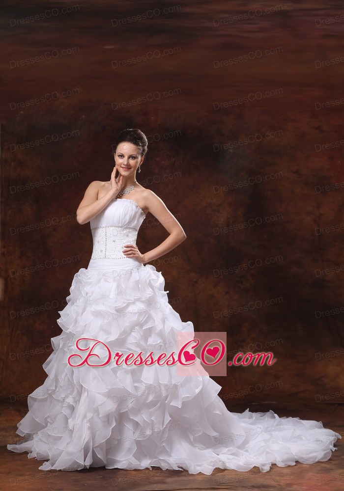 Perfect Appliques and Ruffles Wedding Dress With Chapel Train Organza For Custom Made