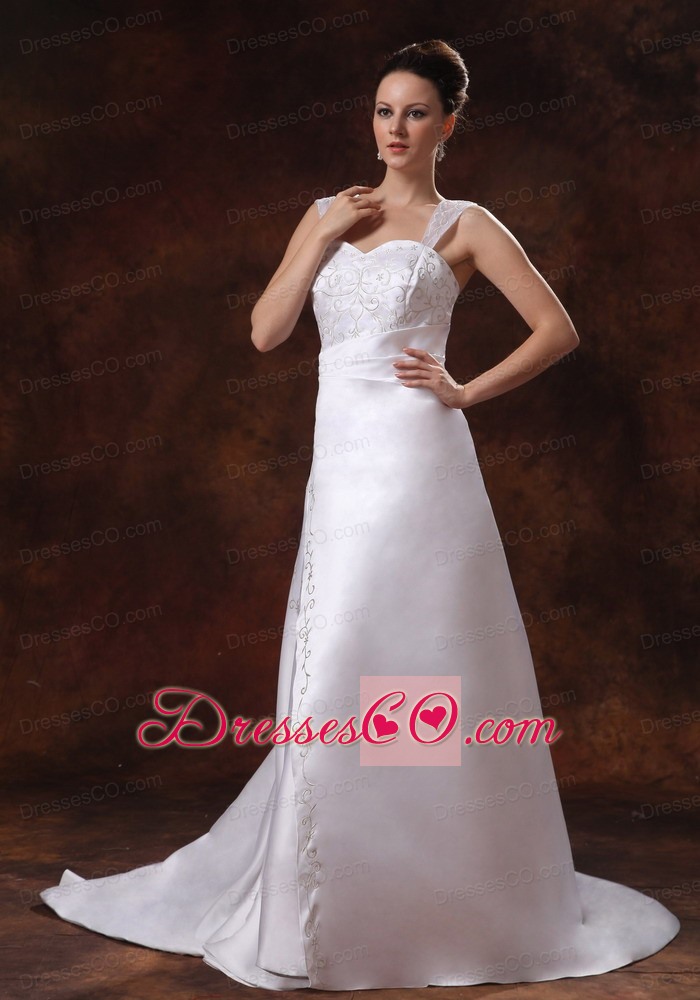 Luxurious Straps Court Train Wedding Dress With Embroidery For Custom Made