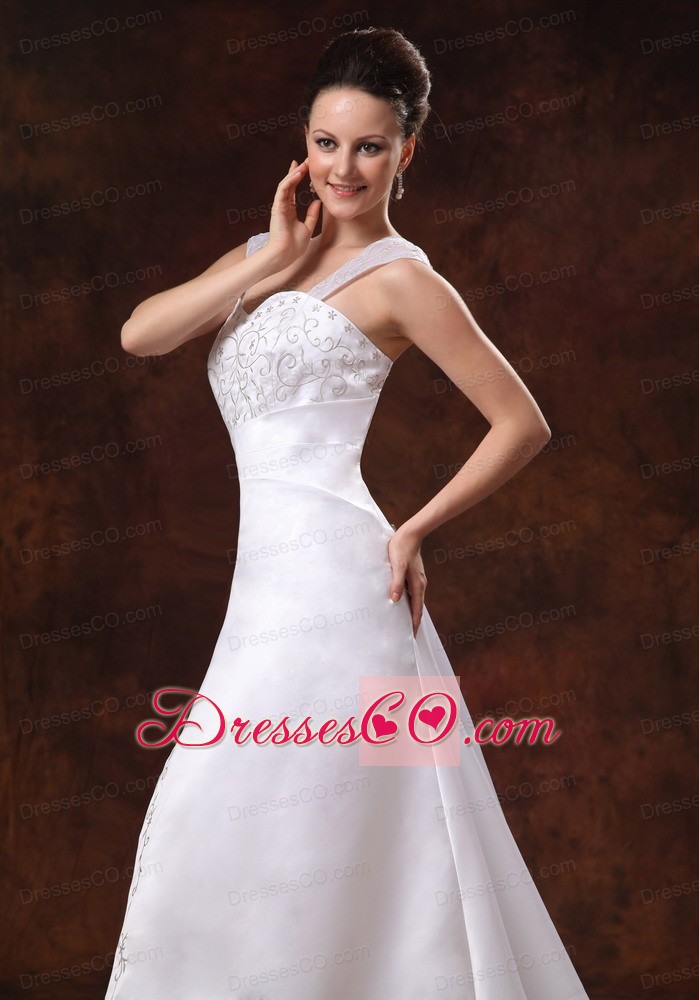 Luxurious Straps Court Train Wedding Dress With Embroidery For Custom Made