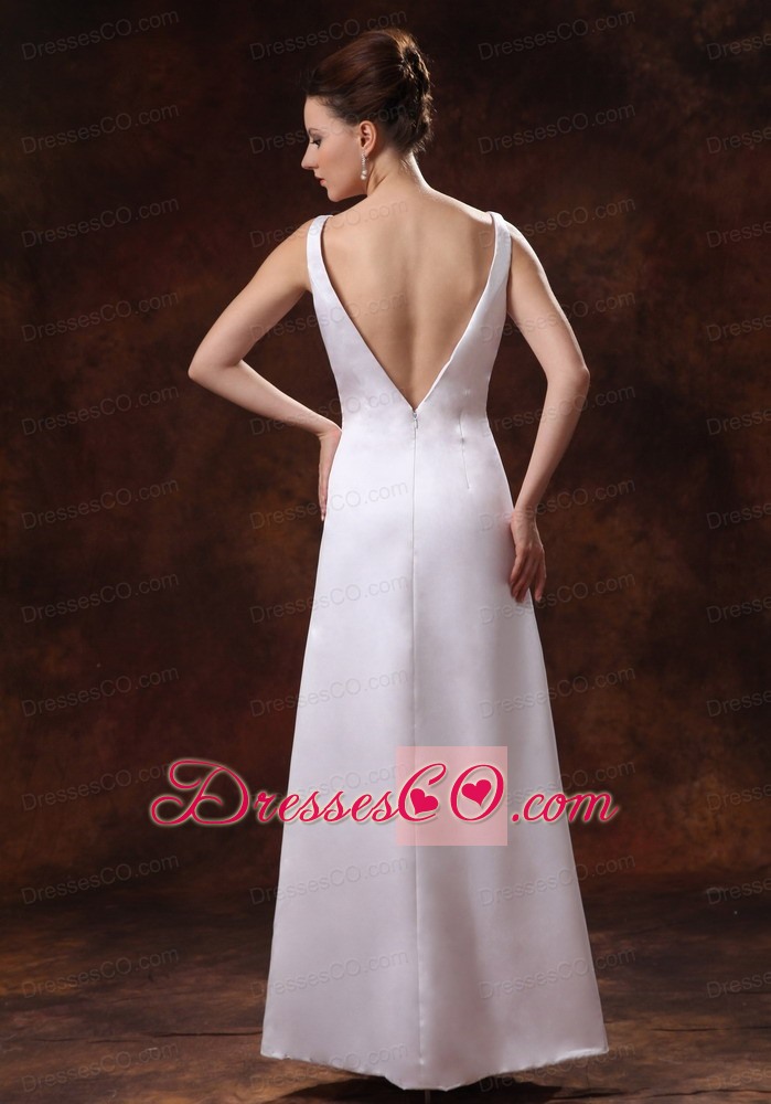 V-neck Ankle-length Satin Wedding Dress For Custom Made
