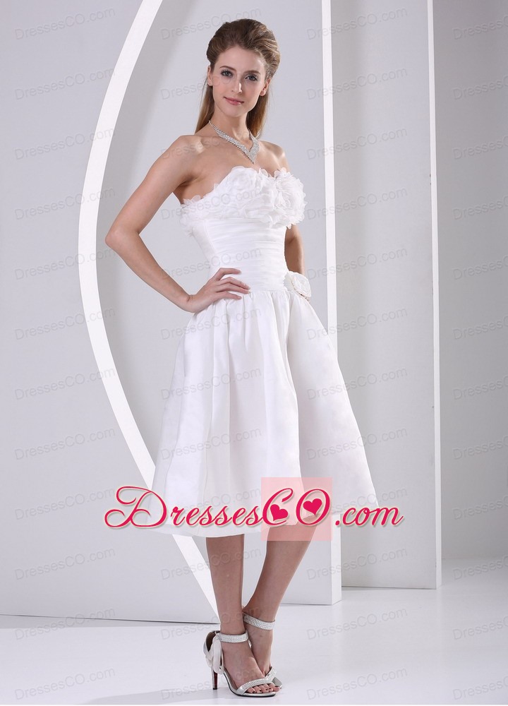 Wholesale A-line Strapless Ruching And Ruffles Tea-length Wedding Dress For Outdoor