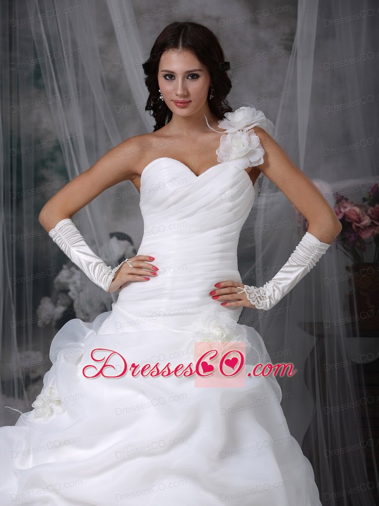 Elegant A-line / Princess One Shoulder Brush Train Organza Hand Made Flowers Wedding Dress
