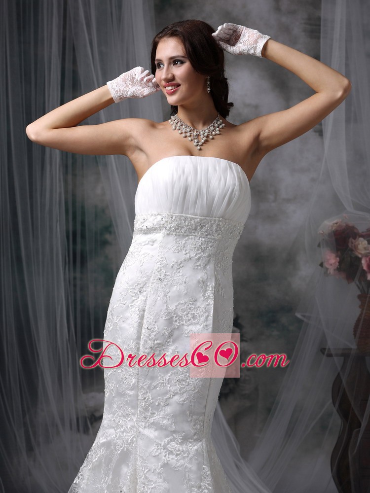 Beautiful Mermaid Strapless Court Train Lace and Chiffon Ruching Wedding Dress