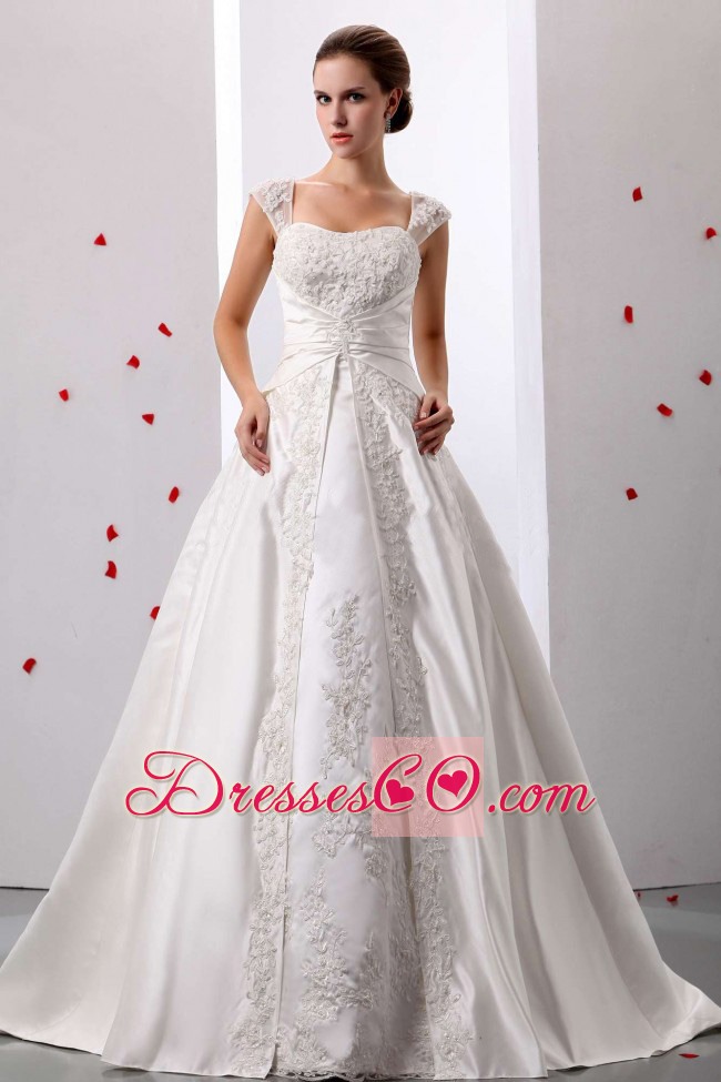 Stylish A-line Straps Lace Decorate Wedding Dress With Ruched Bodice In 2013