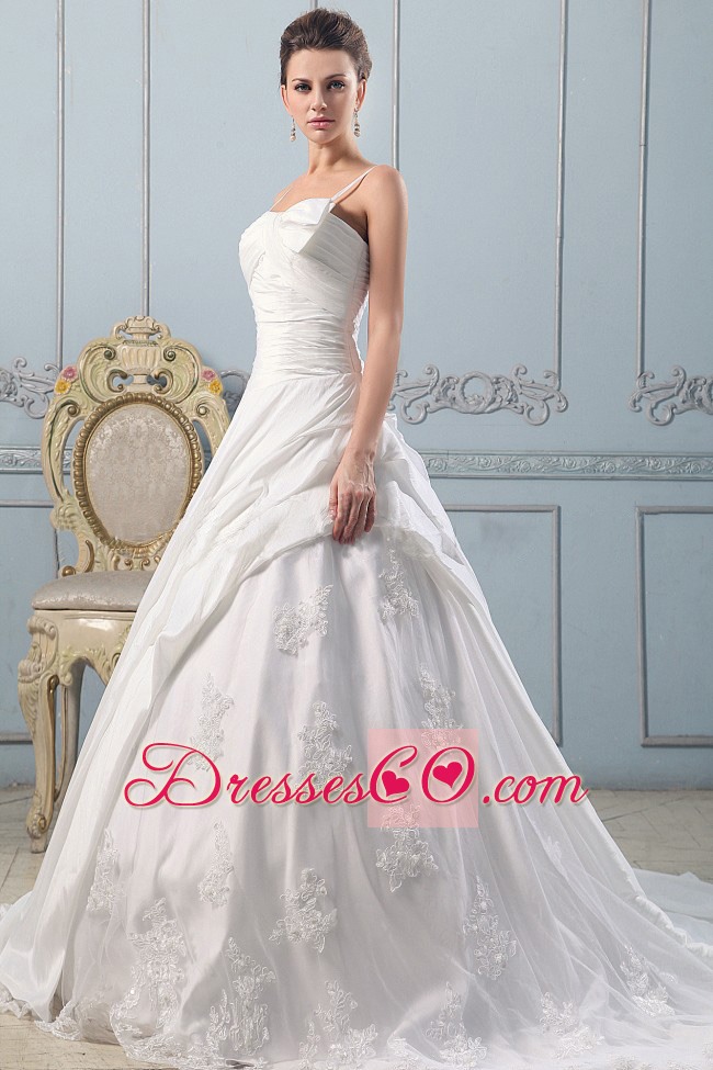 Spaghetti Straps A-line Wedding Gowns Lace With Ruched Bodice